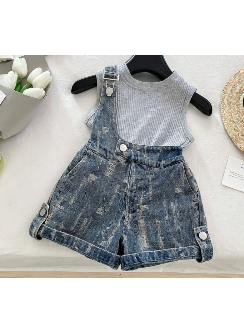 Ayada Home ayada_homeGirls 2-Piece Outfit, Ribbed Sleeveless Tank Top + Denim Short Overalls Set - Image 2