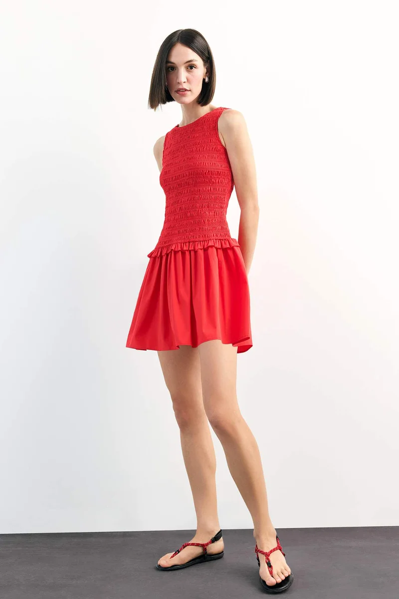 ديفاكتو Round Neck Gipel Red Mini Dress