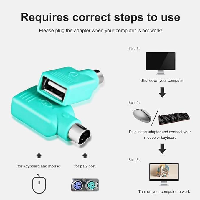 QBM PS/2 to USB Converter, PS/2 to USB A Adapter Male to Female Keyboard PS/2 Jack to USB A Plug for Mouse and Keyboard, Replacement PS/2 Adapter.(Pack of 2) - Image 2