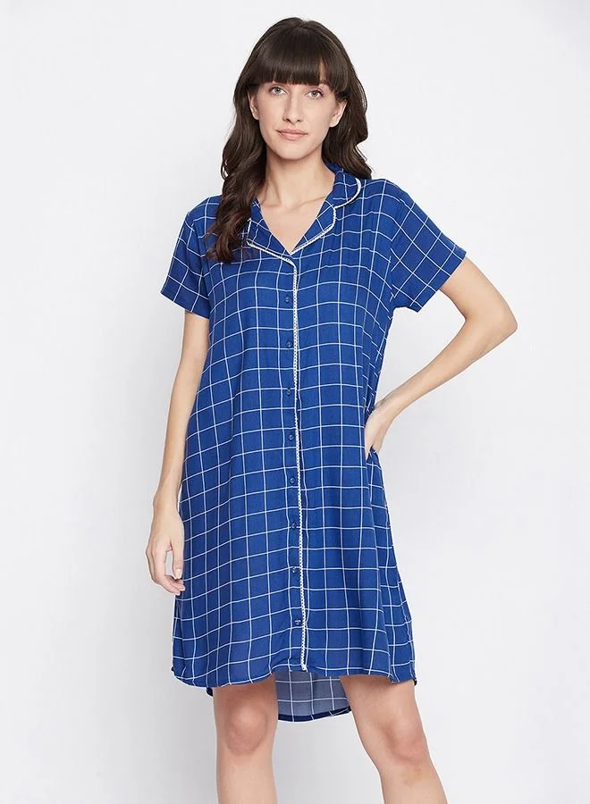 Clovia Clovia Button Me Up Checked Short Nightdress In Blue - Rayon