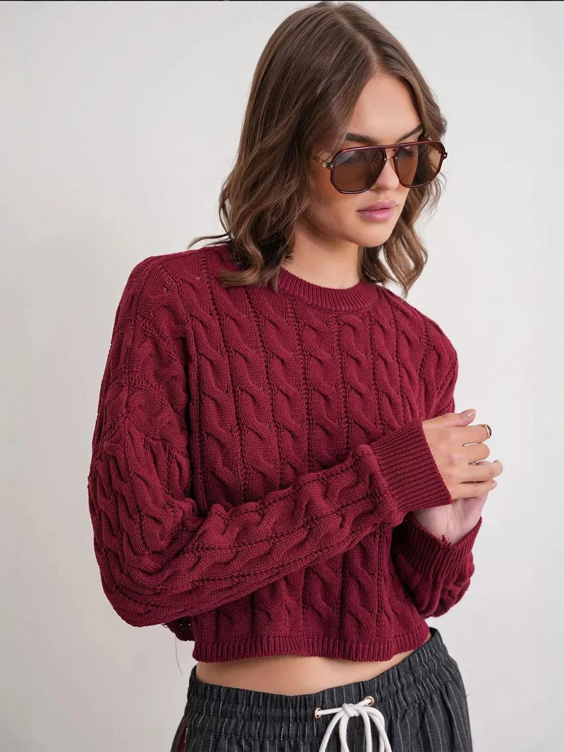 MixRay Mixray Cable Knit Pattern Crew Neck Sweater