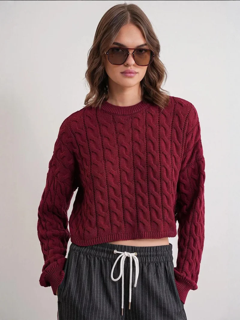 MixRay Burgundy Red Mixray Cable Knit Pattern Crew Neck Sweater for Women | Best Price UAE