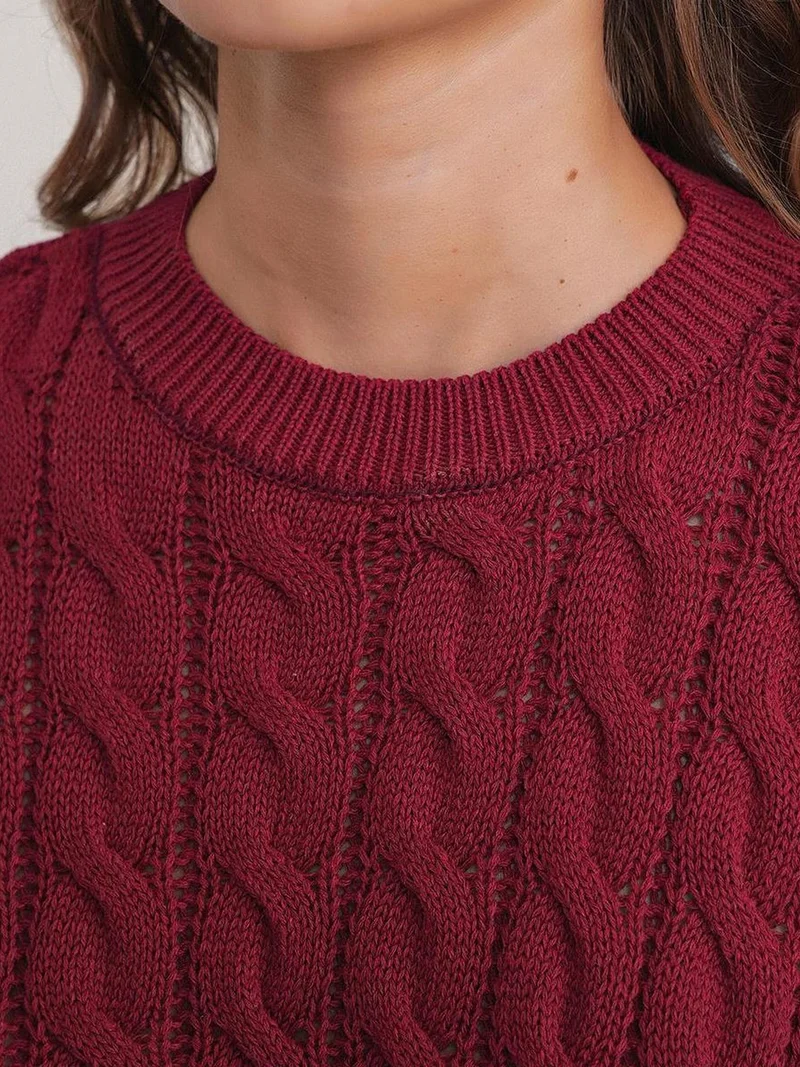 MixRay Burgundy Red Mixray Cable Knit Pattern Crew Neck Sweater for Women | Best Price UAE