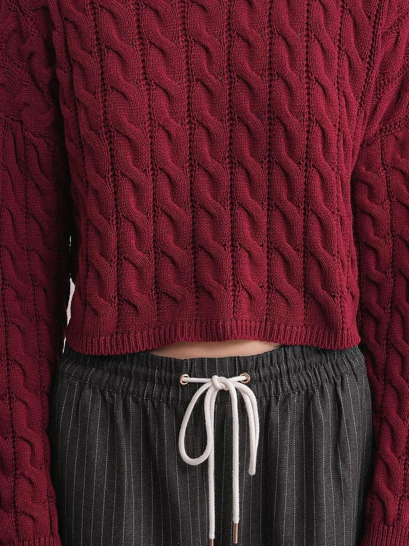 MixRay Burgundy Red Mixray Cable Knit Pattern Crew Neck Sweater for Women | Best Price UAE