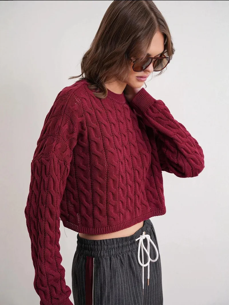 MixRay Burgundy Red Mixray Cable Knit Pattern Crew Neck Sweater for Women | Best Price UAE