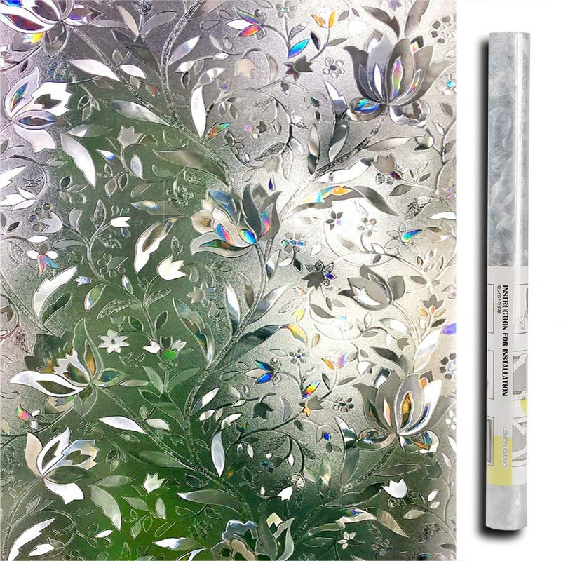 LEMON CLOUD Window Film Privacy Frosted Opaque Glass Films Non Adhesive Static Cling Heat Control Tint Decorative Film for Bathroom Living Room Rental House Tulip 60x200cm