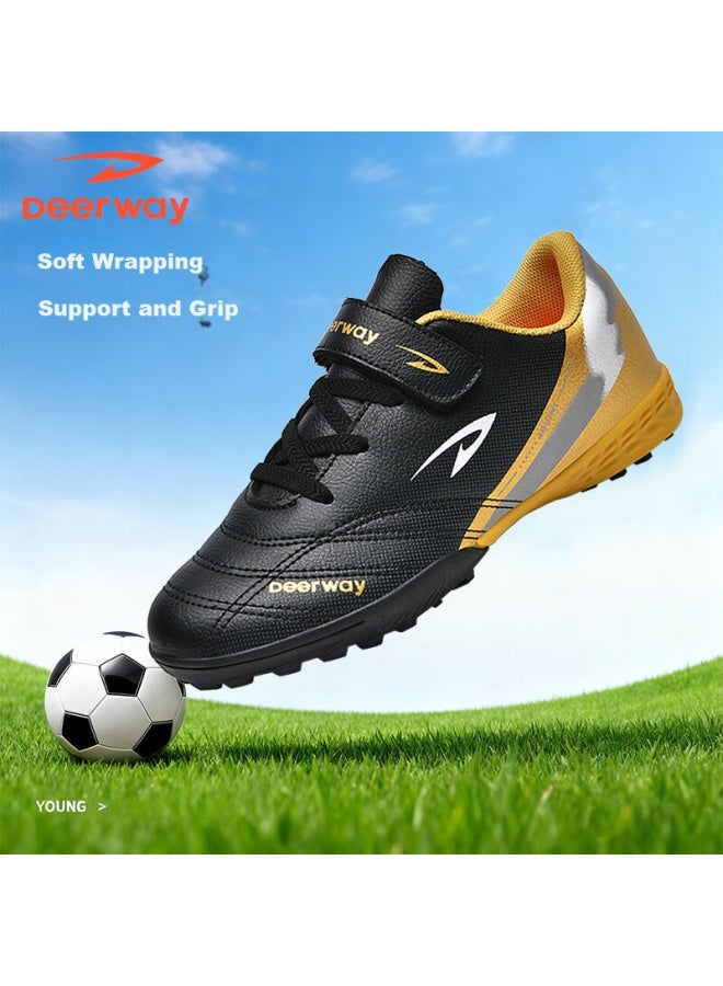 Deerway Kids Soccer Shoes Velcro Slip-on Boys Girls Primary School Tf Turf Non-slip Wear-resistant Black Gold Size 39 - Image 1