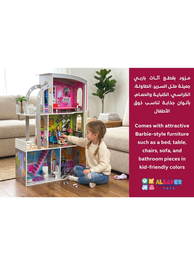 ALBADER Large Wooden Barbie Doll House 3 Floors with Furniture & Accessories, Big Dollhouse for Girls, Kids Wooden Doll House Playset TX1153, Educational Pretend Play Toy for Imaginative Role Play - Image 3
