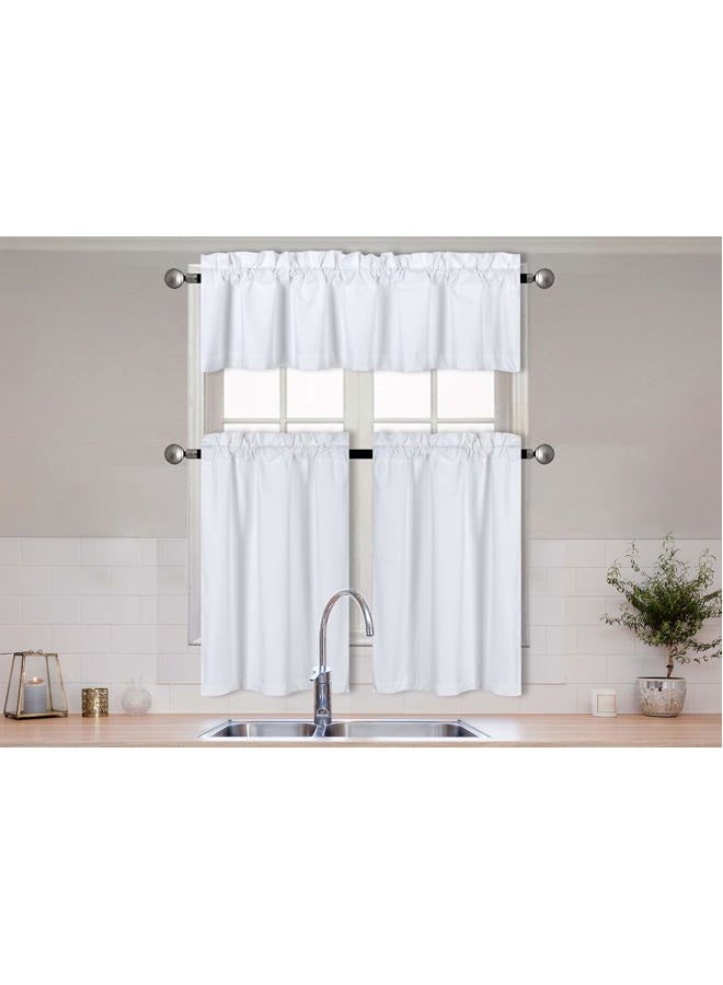 Home Collection 3 Pieces Solid Color Kitchen Curtain Set Tier and Valence with Rod Pocket Microfiber 100% Sunlight Blackout Drapes Window Treatment New (White) - Image 1