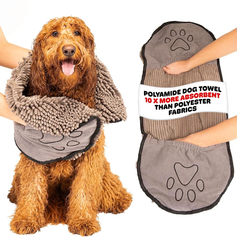 Dog Gone Smart The Dirty Dog Shammy Fast Drying Plush Shammy Towel with Dual Hand Pockets and Elastic Super Absorbent Microfiber and Machine Washable Grey