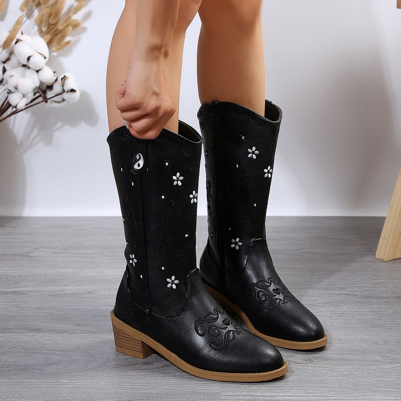 2024 Autumn New Fashion Boots Size 35~43 Pointed Toe Thick Heel Style Mid-Calf Boots - Image 1