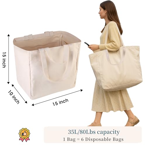 musbus 15"×15"×10" Large Canvas Tote Bag, 3-Pack Reusable Grocery Bags with Pockets, Long Shoulder Strap and Short Handle, Heavy Duty, Eco-Friendly, Long Shoulder Strap and Short Handle, Foldable - Image 2