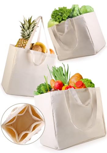 musbus 15"×15"×10" Large Canvas Tote Bag, 3-Pack Reusable Grocery Bags with Pockets, Long Shoulder Strap and Short Handle, Heavy Duty, Eco-Friendly, Long Shoulder Strap and Short Handle, Foldable - Image 1