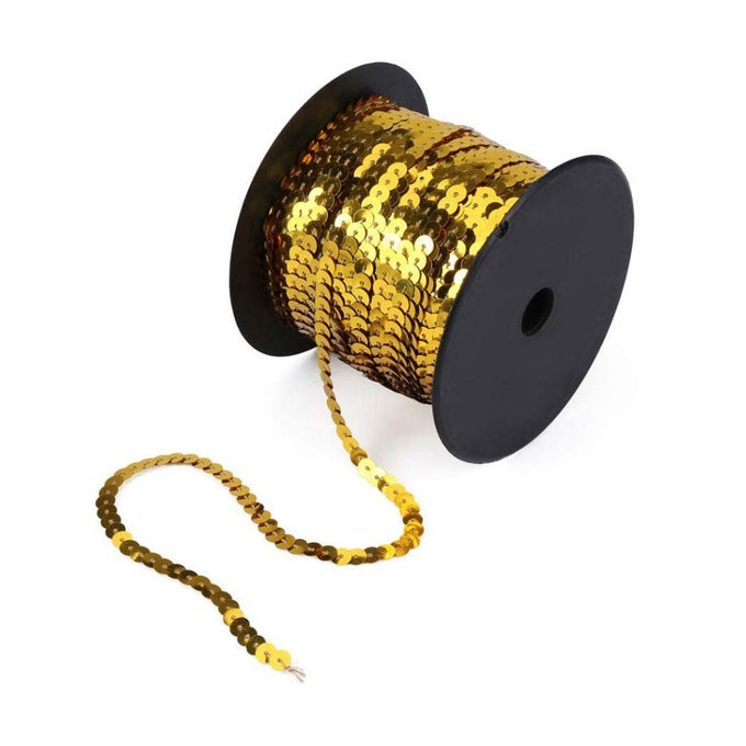 100 YARDS 6MM METALLIC SHINY TRIM SEWING STRING SPANGLE FLAT ROUND SEQUINS SEWING PAILLETTE STRING IN ROLL FOR WEDDING CRAFTGOLD