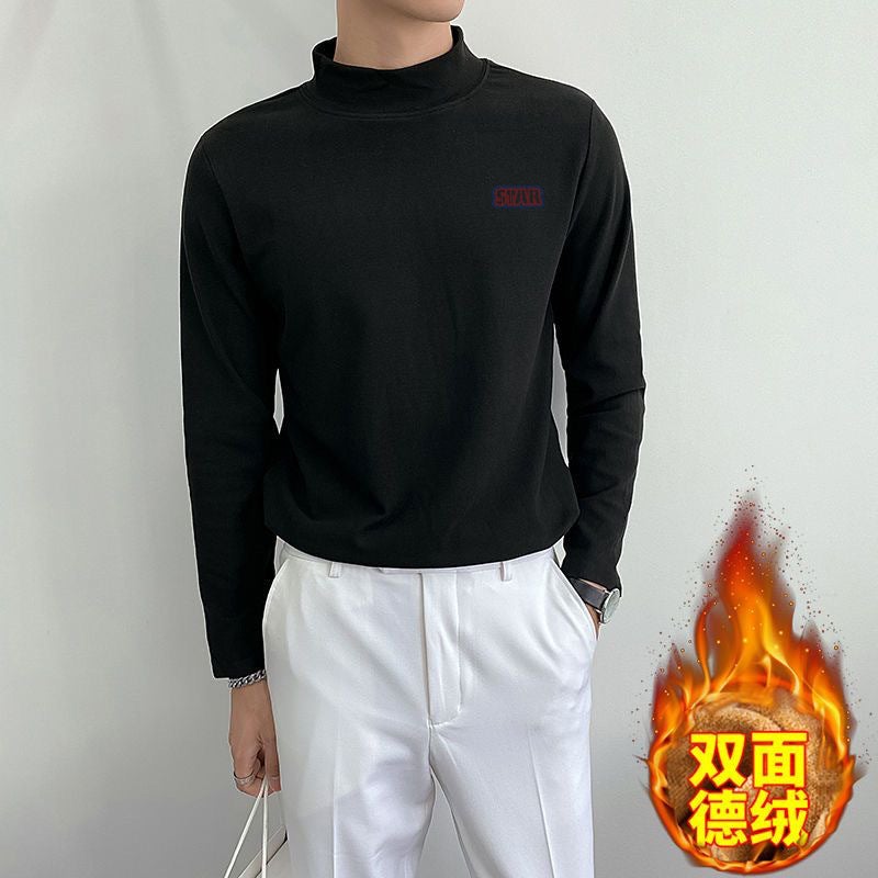 New Mens Thermal Underwear High Neck Velvet Long Sleeve Base Shirt fleece-lined T-Shirt Top with Autumn Clothes Double-sided Velvet Derong half turtleneck black STAR