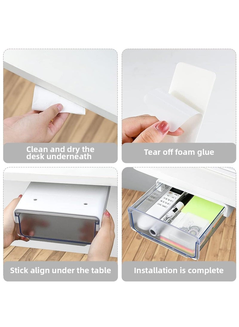 Under Desk Storage Drawer, Slide-out  Table Hidden Organizer with Handle, Self-adhesive Hidden Drawer Box for Office, Home, Kitchen, School, White