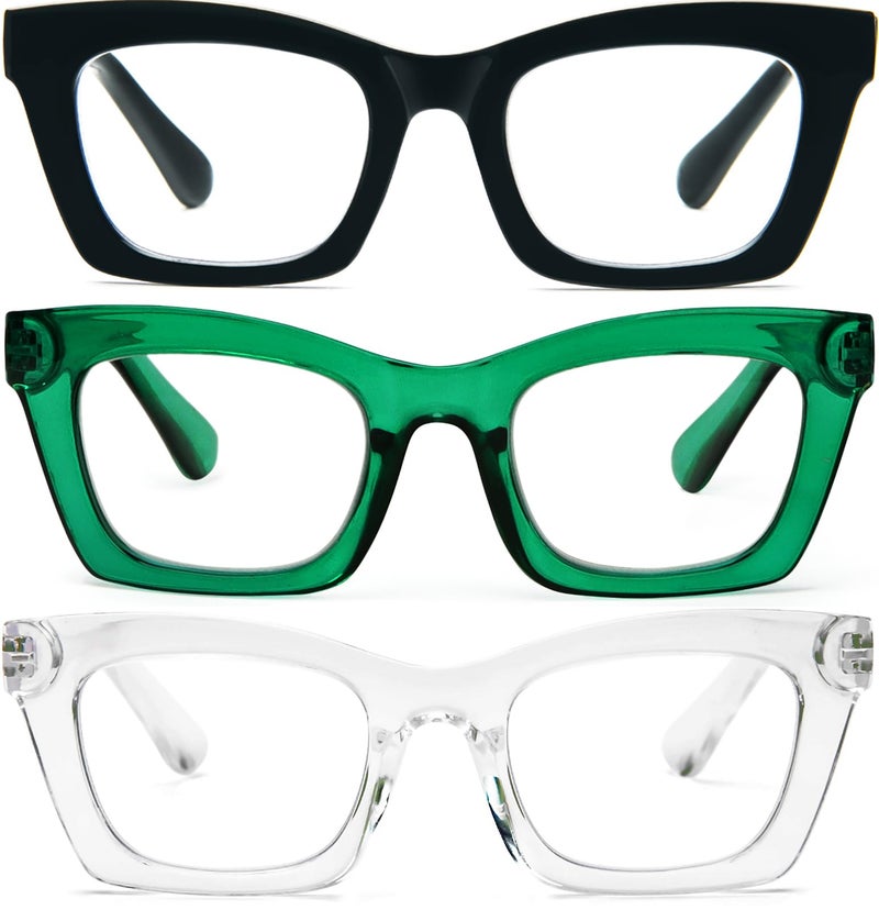 REAVEE 3 Pack Oprah Style Reading Glasses Blue Light Blocking Computer Square Readers for Women with Spring Hinge Anti GlareEyestrain Black Green Clear 15