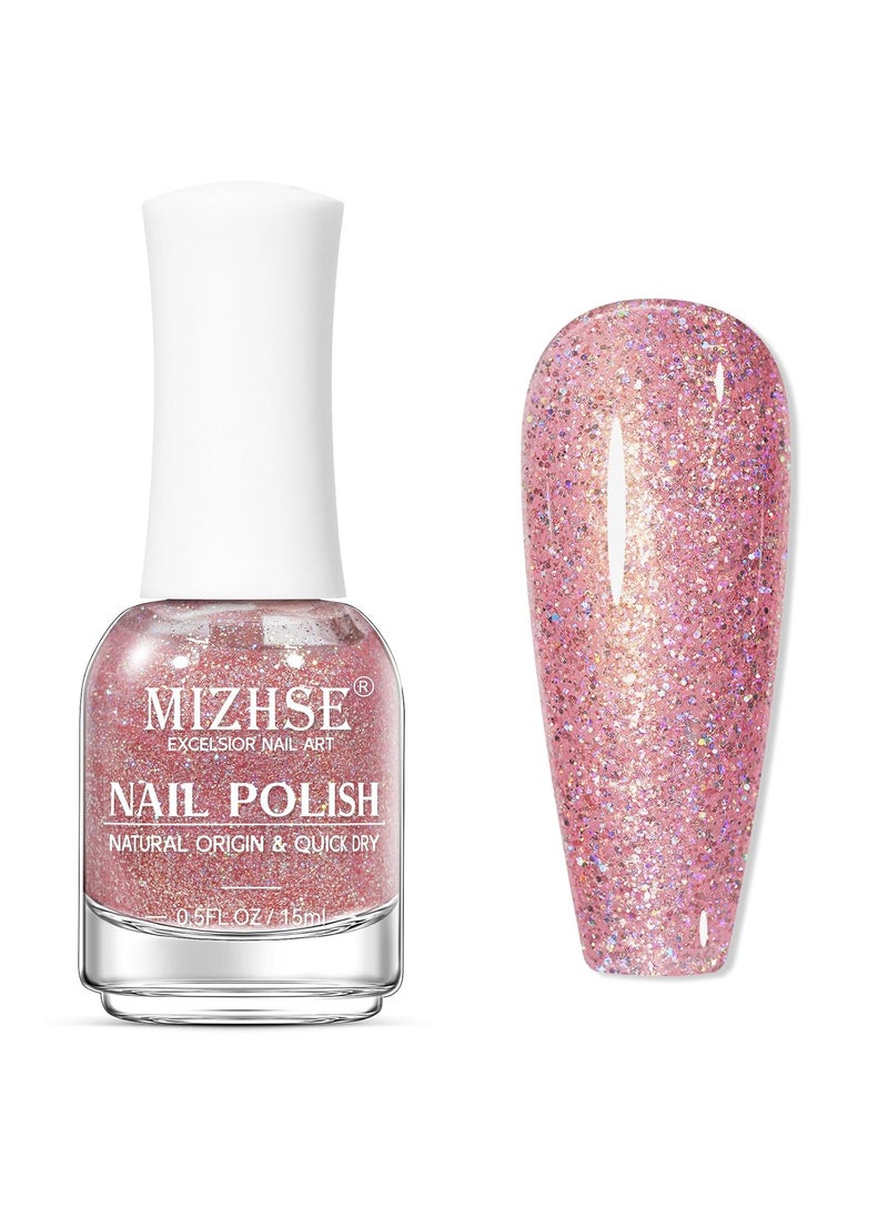 MIZHSE - MIZHSE Quick Dry Nail Polish, Glitter Pink Nail Polish Non Gel Air Drying Fast, 15 ml Regular Sparkle Shimmery Oil-based Glitter Nail Lacquer Full Coverage Nail Art Manicure DIY Home - Image 1