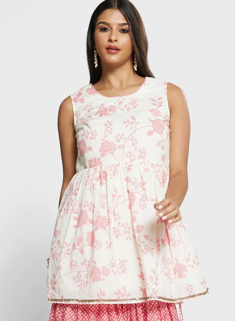 Biba Printed Kurti & Plazzo Set With Dupatta
