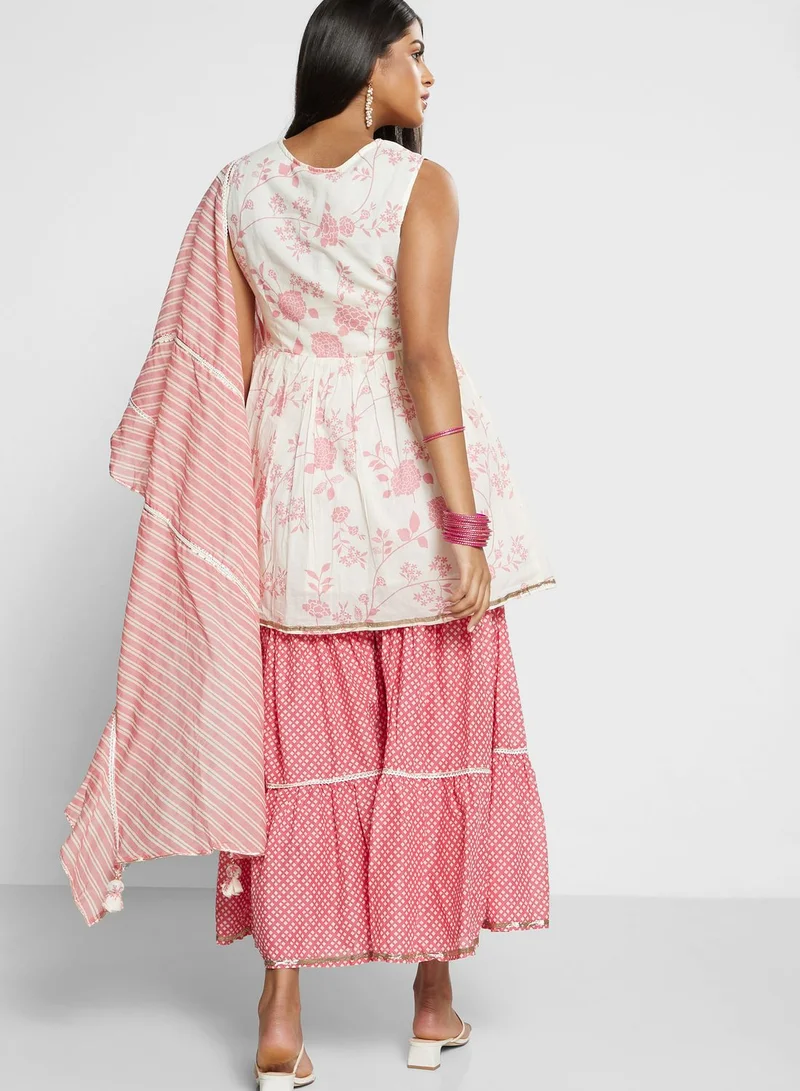 Biba Printed Kurti & Plazzo Set With Dupatta