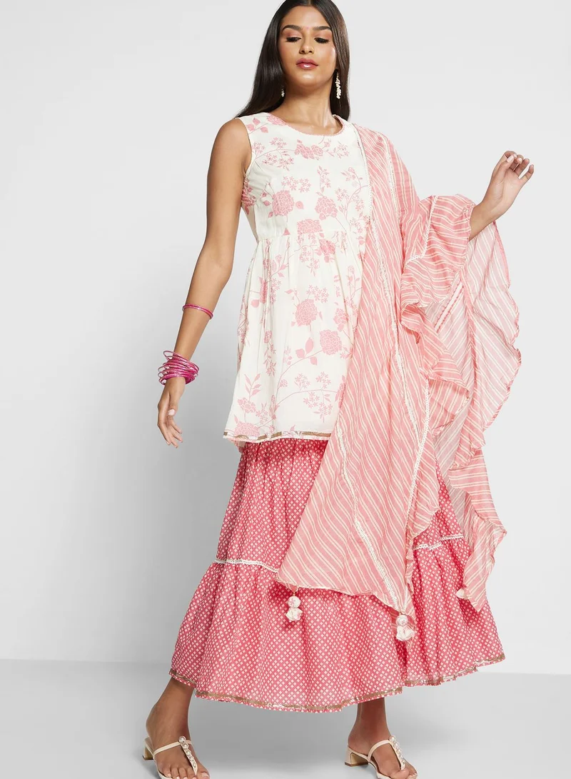 Biba Printed Kurti & Plazzo Set With Dupatta