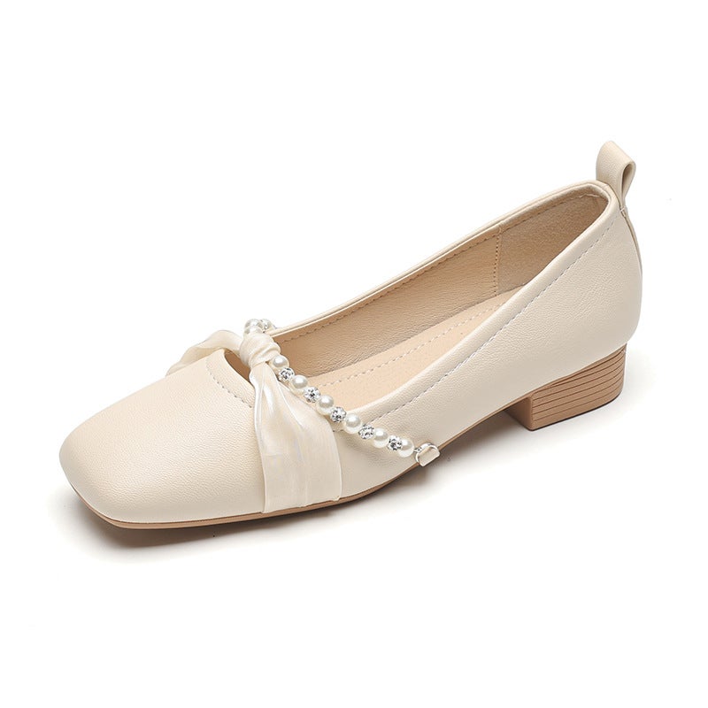 Beaded Square-Toe Chunky Heels for Women Summer Apricot