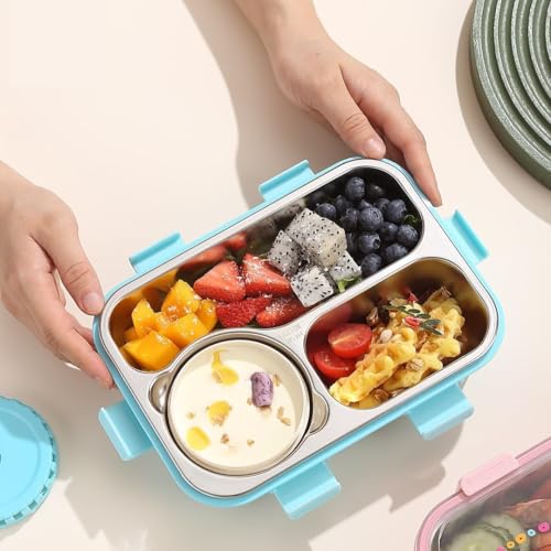 PLUSPOINT Bento Lunch Box with 3 Inner Stainless Steel Compartment Insulated Air Tight Portable Tiffin with,700ml Lunch Box with 150ml Container, Leak Proof Bento Box for Kids, Adults, Men Women - Image 5