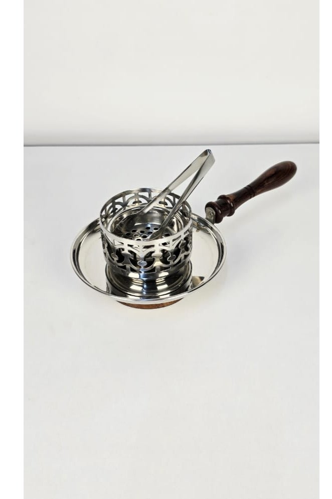 Damanhoor Premium Silver Plated Incense Bakhoor Burner with Wooden Handle & Safety Tong  High Quality Steel