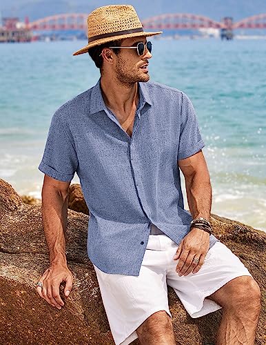 COOFANDY Men's Linen Shirts Short Sleeve Casual Shirts Button Down Shirt for Men Beach Summer Wedding Shirt Denim Blue - Image 4