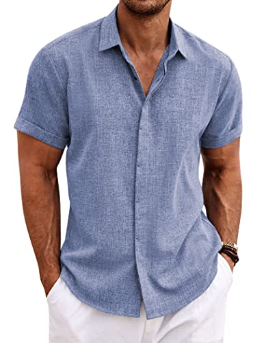 COOFANDY Men's Linen Shirts Short Sleeve Casual Shirts Button Down Shirt for Men Beach Summer Wedding Shirt Denim Blue - Image 1