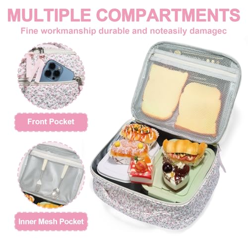 WOBAGMEN Cotton Quilted Insulated Lunch Box for Women, Lunch Box for Teen Girls, Cute Pink Floral Quilted Lunch Bag, Leakproof Reusable Lunch Tote Bag for School Work Picnic Travel (pink floral, M) - Image 3