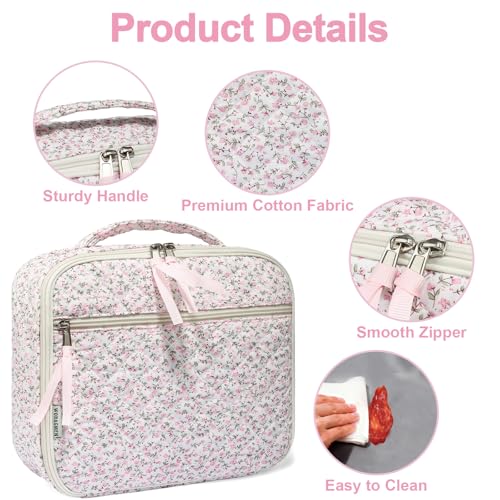 WOBAGMEN Cotton Quilted Insulated Lunch Box for Women, Lunch Box for Teen Girls, Cute Pink Floral Quilted Lunch Bag, Leakproof Reusable Lunch Tote Bag for School Work Picnic Travel (pink floral, M) - Image 4