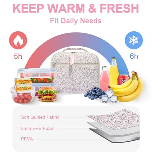 WOBAGMEN Cotton Quilted Insulated Lunch Box for Women, Lunch Box for Teen Girls, Cute Pink Floral Quilted Lunch Bag, Leakproof Reusable Lunch Tote Bag for School Work Picnic Travel (pink floral, M) - Image 5