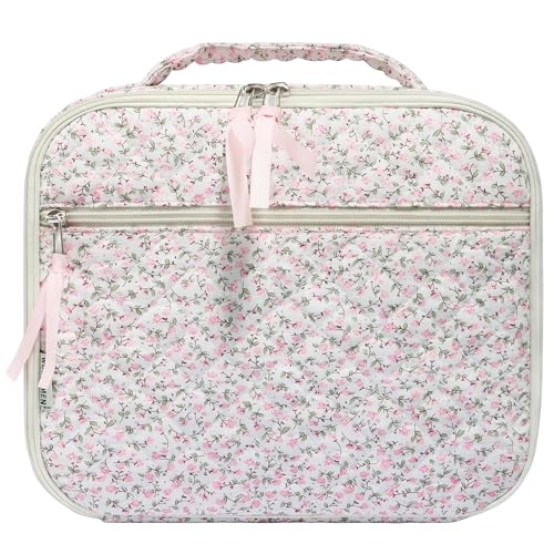 WOBAGMEN Cotton Quilted Insulated Lunch Box for Women, Lunch Box for Teen Girls, Cute Pink Floral Quilted Lunch Bag, Leakproof Reusable Lunch Tote Bag for School Work Picnic Travel (pink floral, M) - Image 1