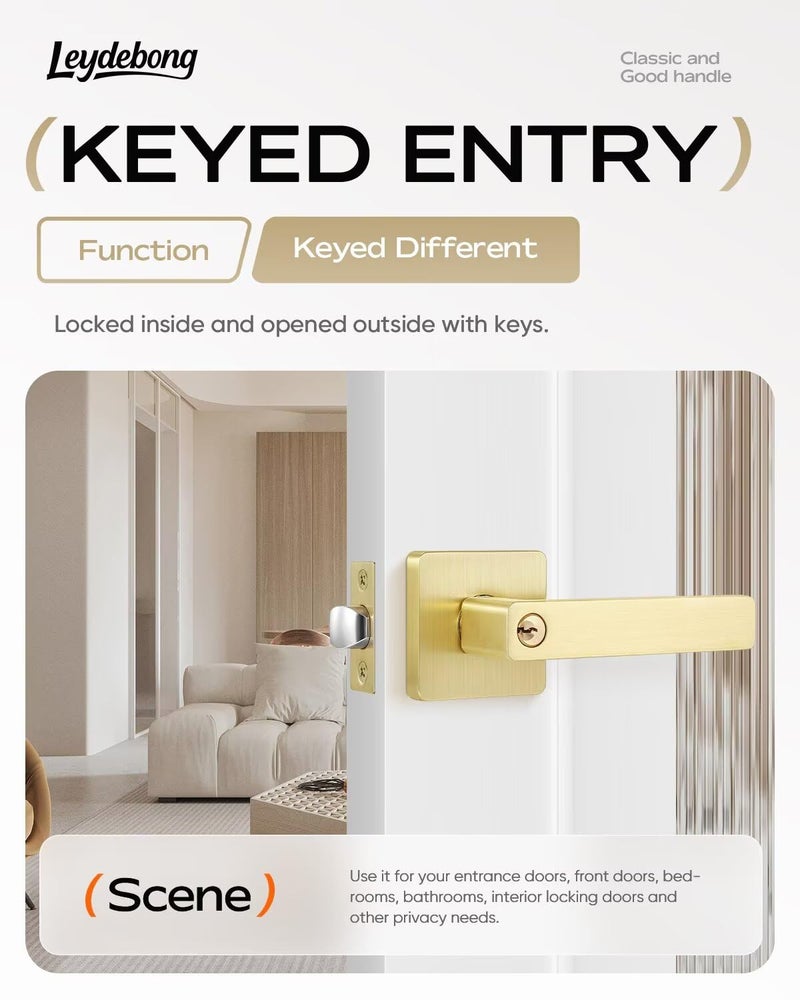 Leydebong 1 Pack Entry Door Lock with Keys, Gold Door Handles for Interior or Exterior Door Use, Heavy Duty Front Door Levers, Sleek Door Knobs - Image 2
