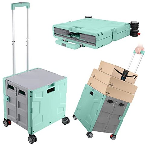 Foldable Shopping Utility Cart Portable Rolling Crate Handcart with 360Rotate WheelHidden LidTelescoping Handle Collapsible for Travel Shopping Moving Storage Office UseGreenGray
