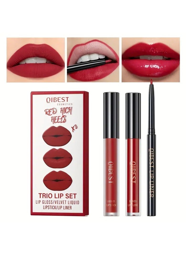 QiBest مجموعة 3 قطع من قلم تحديد الشفاه وملمع الشفاه ومكياج أحمر شفاه سائل مقاوم للماء - Image 1