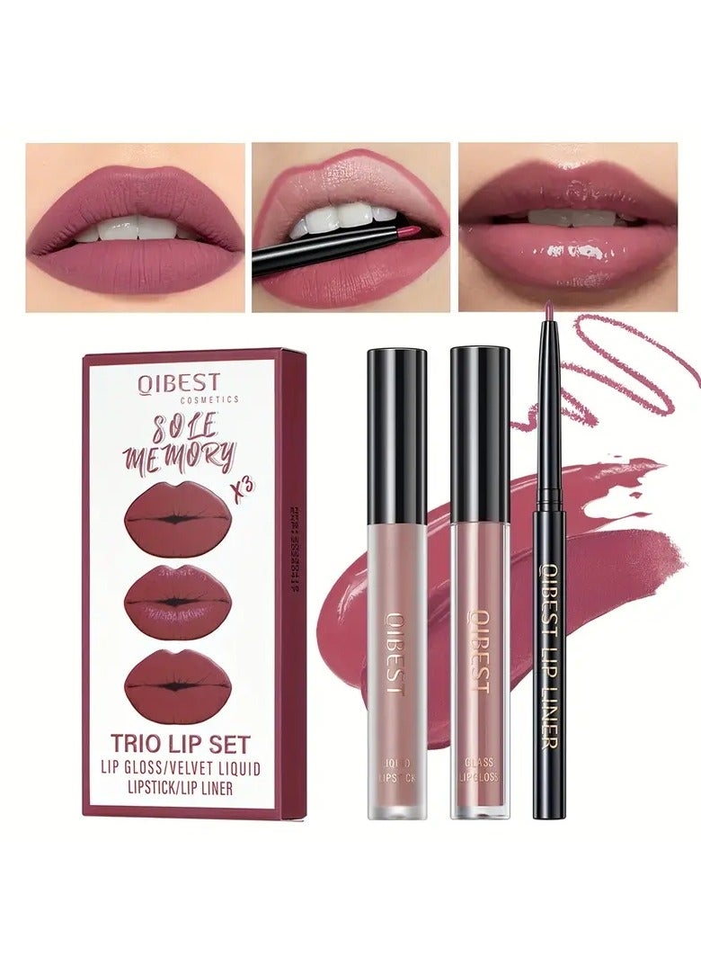 QiBest مجموعة 3 قطع من قلم تحديد الشفاه وملمع الشفاه ومكياج أحمر شفاه سائل مقاوم للماء - Image 2