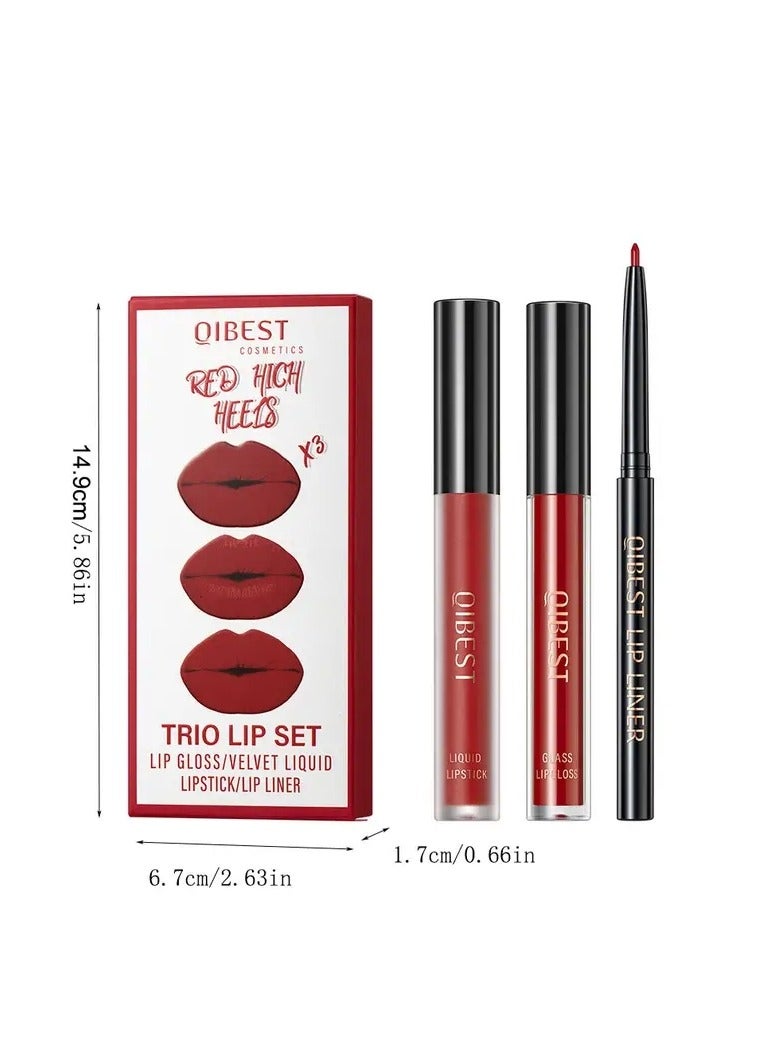 QiBest مجموعة 3 قطع من قلم تحديد الشفاه وملمع الشفاه ومكياج أحمر شفاه سائل مقاوم للماء - Image 4