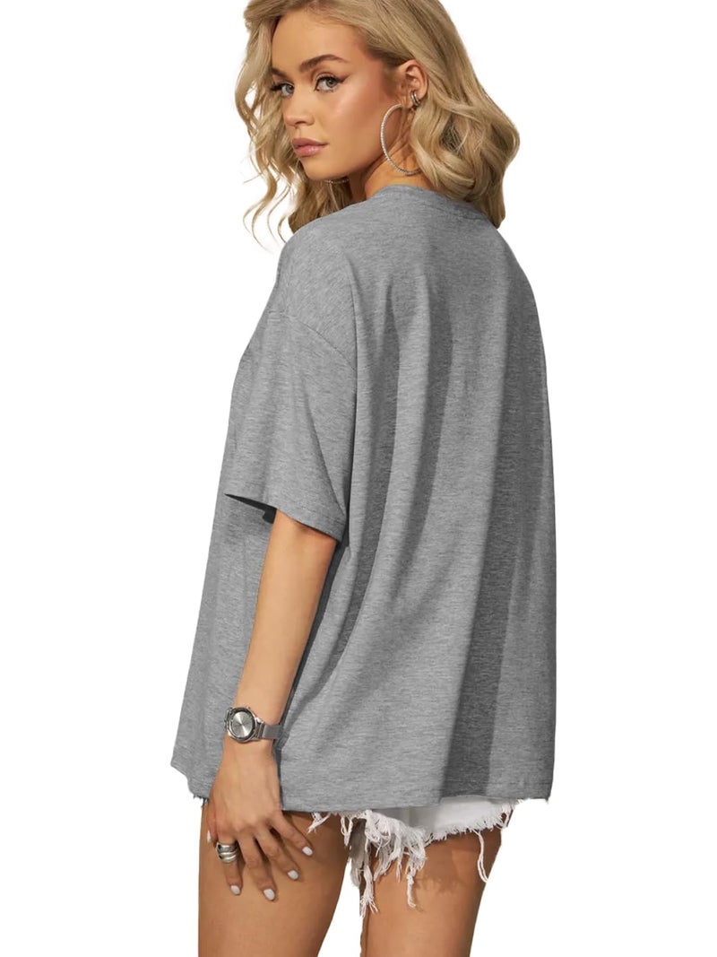 LEOTUDE Womens Oversized Round Neck Cottonblend Half Sleeve T-Shirts (GRL_FS49_Gry_CRSH_P_Grey_S) - Image 2