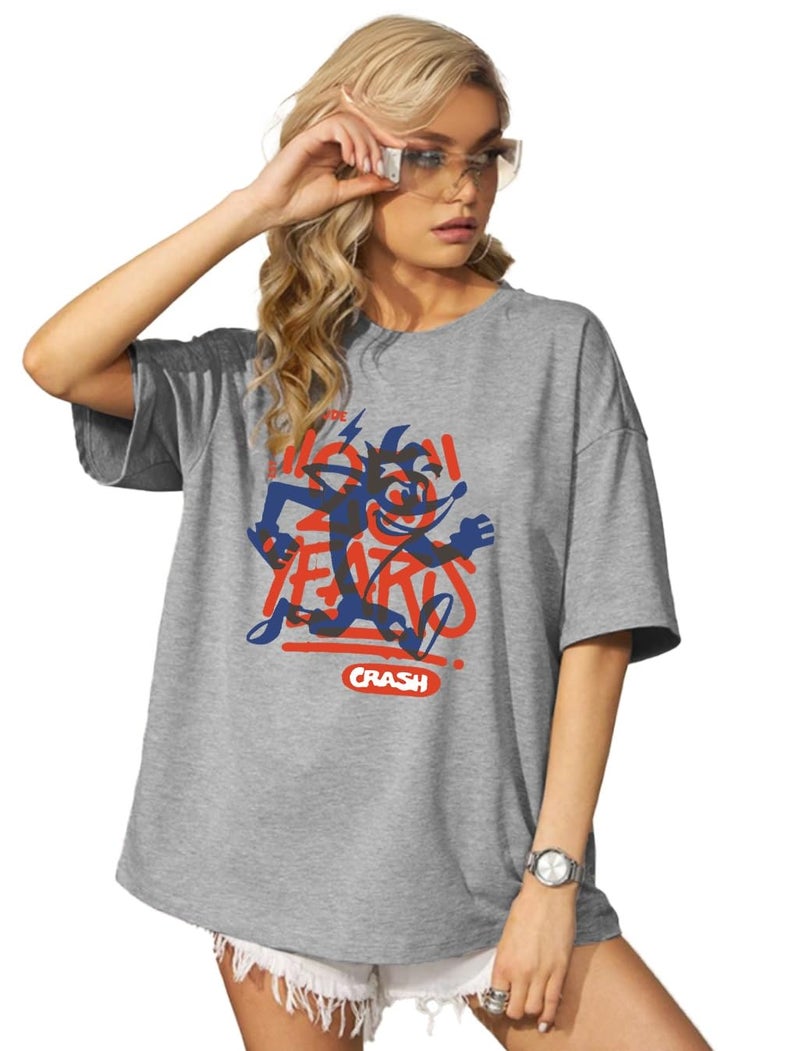 LEOTUDE Womens Oversized Round Neck Cottonblend Half Sleeve T-Shirts (GRL_FS49_Gry_CRSH_P_Grey_S) - Image 1
