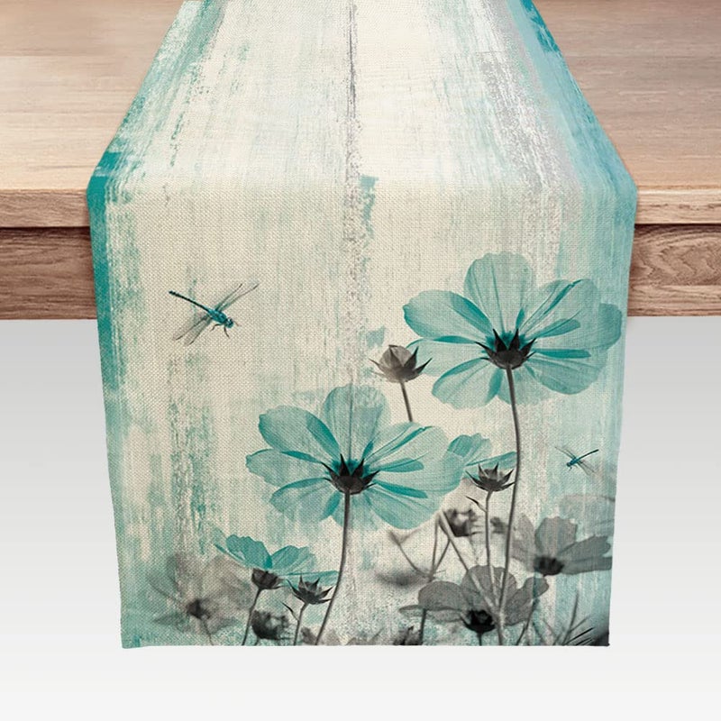 Teal Flower Table Runner Vintage Farmhouse Country Floral Rustic Wood Table Runners for Dining Room Kitchen Living Room Holiday and Party Table Decor 13 x 72inch