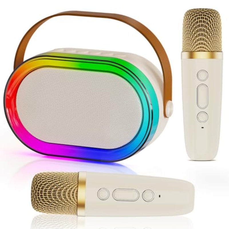 Mini Karaoke Machine for and Adults Portable Bluetooth Speaker with 2 Wireless Microphones RGB LED Lights Home Party, Birthday Gathering, Family Fun 360 Sound, Rechargeable Battery, Built-in Echo Effect - Image 1