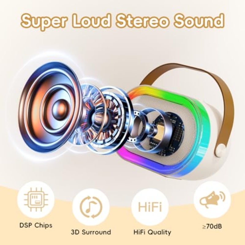 Mini Karaoke Machine for and Adults Portable Bluetooth Speaker with 2 Wireless Microphones RGB LED Lights Home Party, Birthday Gathering, Family Fun 360 Sound, Rechargeable Battery, Built-in Echo Effect - Image 2