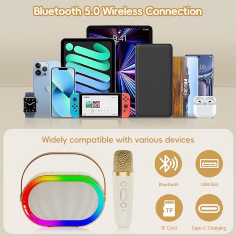 Mini Karaoke Machine for and Adults Portable Bluetooth Speaker with 2 Wireless Microphones RGB LED Lights Home Party, Birthday Gathering, Family Fun 360 Sound, Rechargeable Battery, Built-in Echo Effect - Image 3