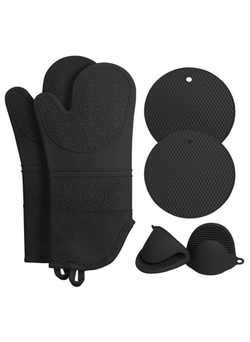 6pcs Oven Mitts and Pot Holders Set Heat Resistant Silicone Waterproof Extra Long Oven Gloves with Hot Pads and Mini Oven Mittens for Grilling Baking Cooking Kitchen BBQ Baking Accessories  - Image 1
