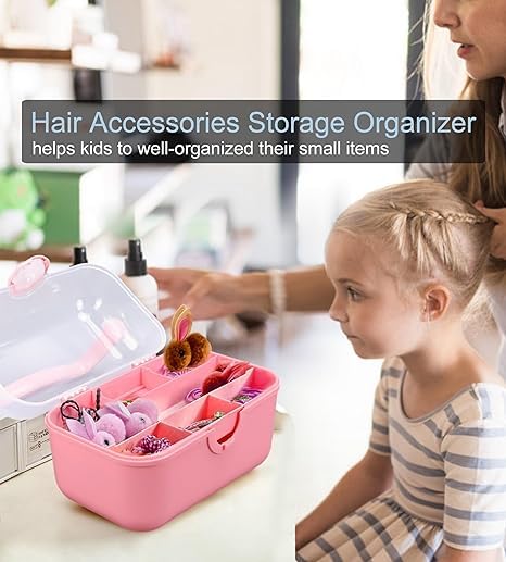TRADY Hair Accessories Organizer Lockable Storage Box with Handle Portable Storage Container for Girls Hair Pins Ties Bows Clips Barrette Pink - Image 4