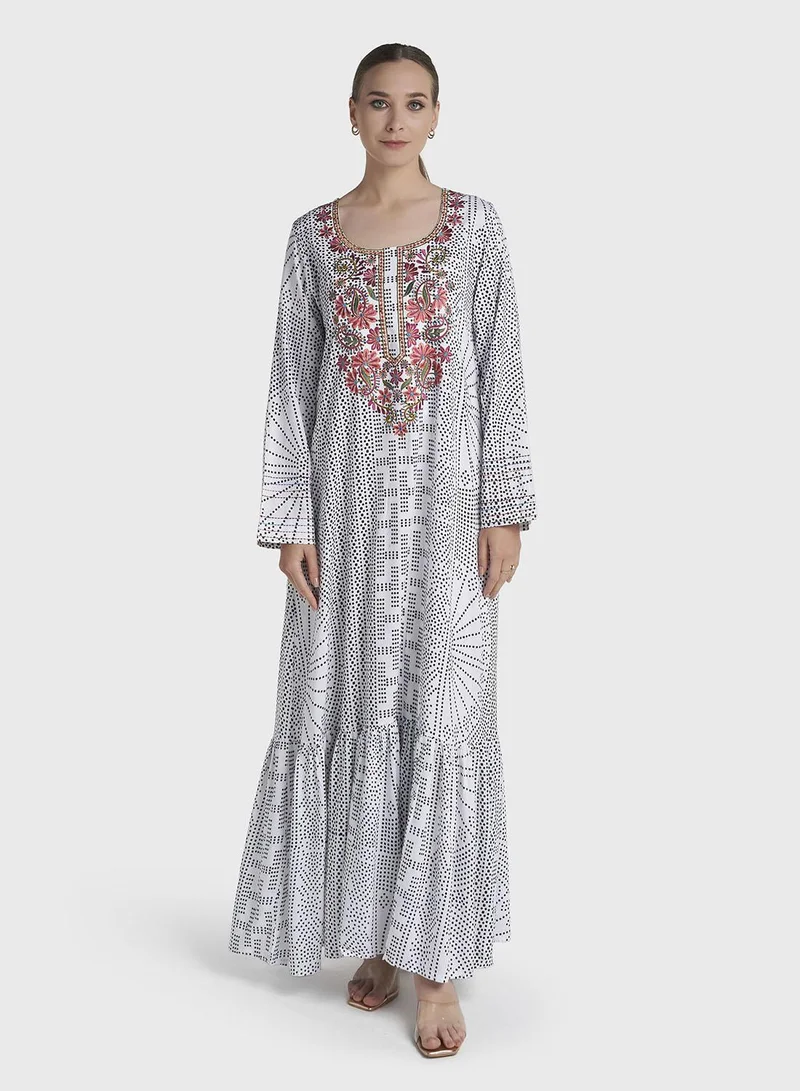كشخة White Colour Hand Work Rayon Geometric Printed Jalabiya (VW511)