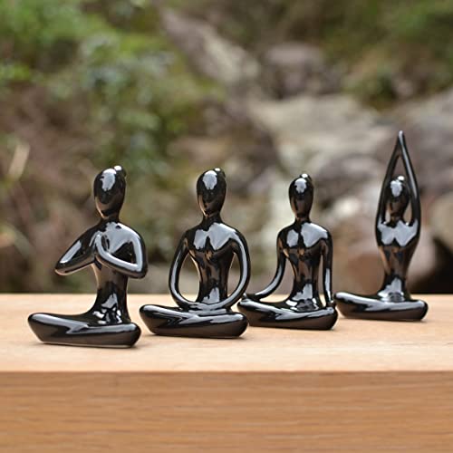 OwMell Lot of 4 Meditation Yoga Pose Statue Figurine Ceramic Yoga Figure Set Decor - Black - Image 2