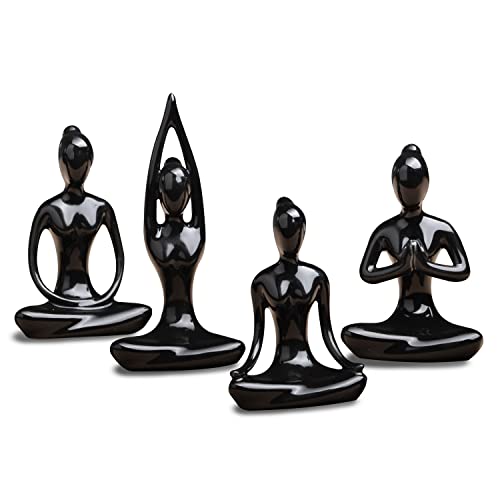OwMell Lot of 4 Meditation Yoga Pose Statue Figurine Ceramic Yoga Figure Set Decor - Black - Image 1